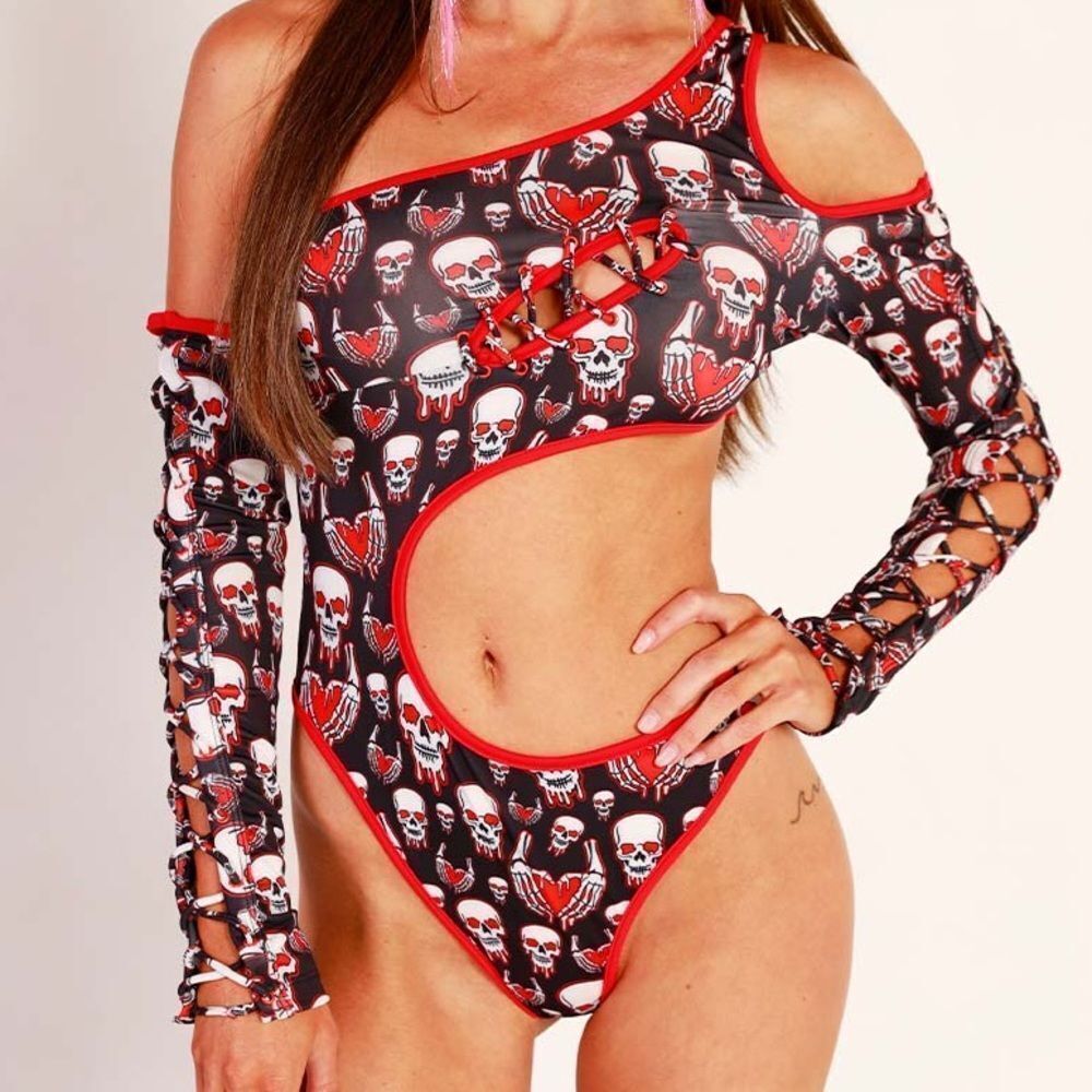 IHeartRaves Skull Sharkbite Cutout Long Sleeve Off Shoulder Swimsuit Bodysuit